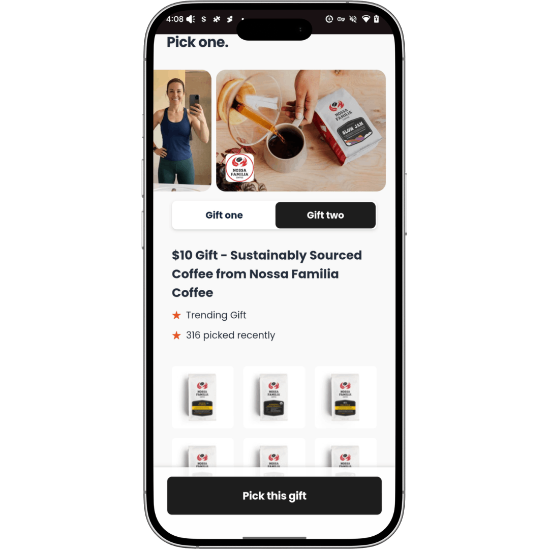Custom in-app placement showing gift options presented inside a publisher app