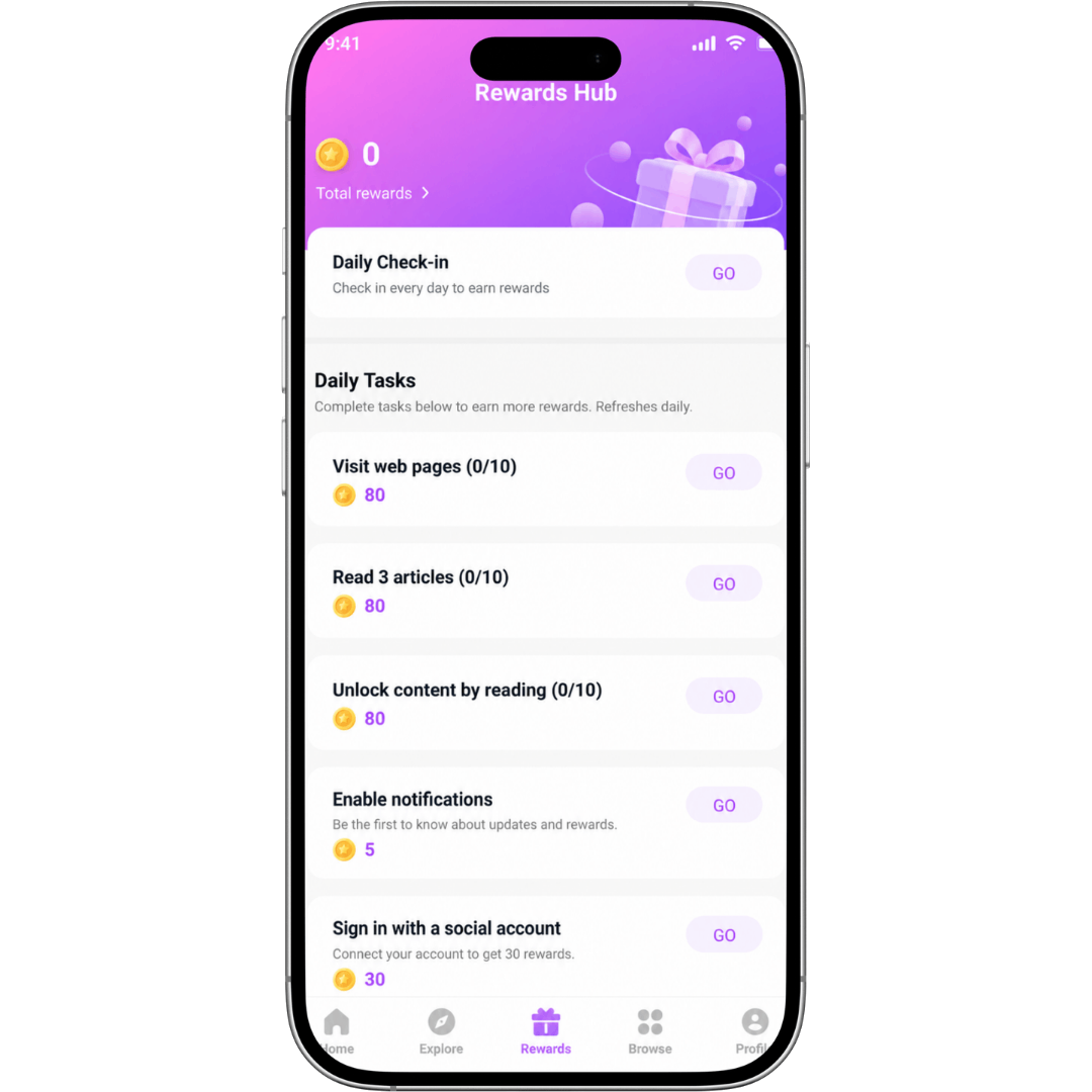 FavorQuest offer wall showing a rewards hub with daily check-in and rewarded task list